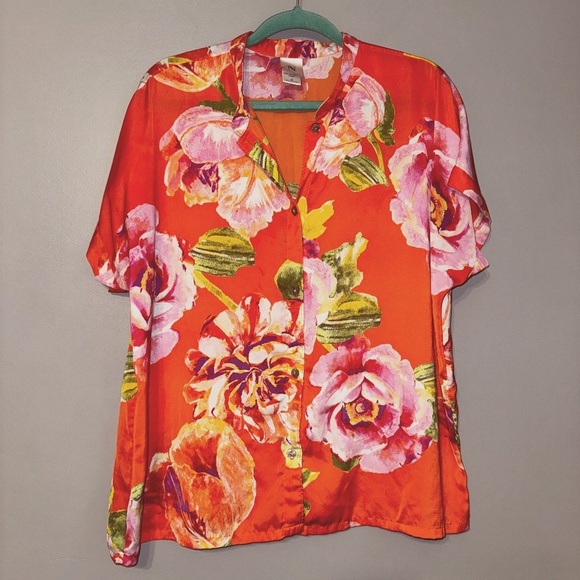 EUC Natori Short Dolman Sleeve Floral Rose Pajama Top Button Front Size Medium - Picture 1 of 7